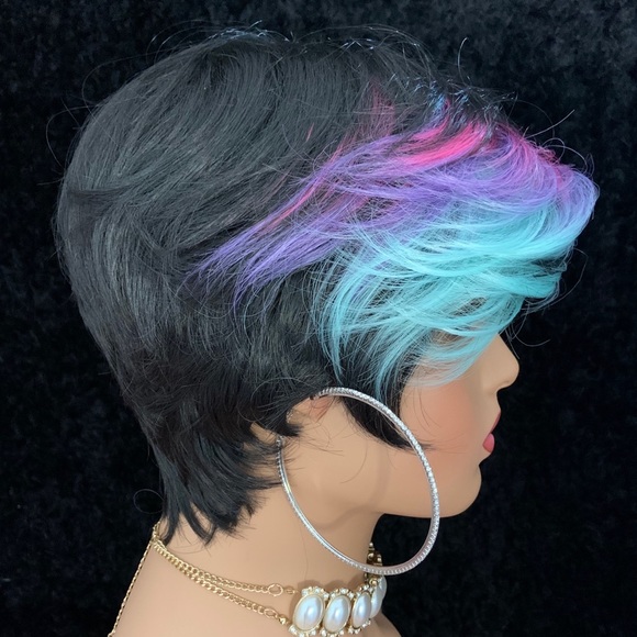Short Black/Pastel Effortless Style Synthetic Wig - Picture 3 of 5